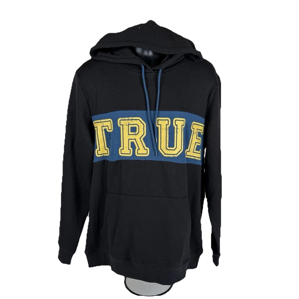 True Religion Contrast Panel Pullover Hoodie Men's XL Jet Black Long Sleeve New‎
